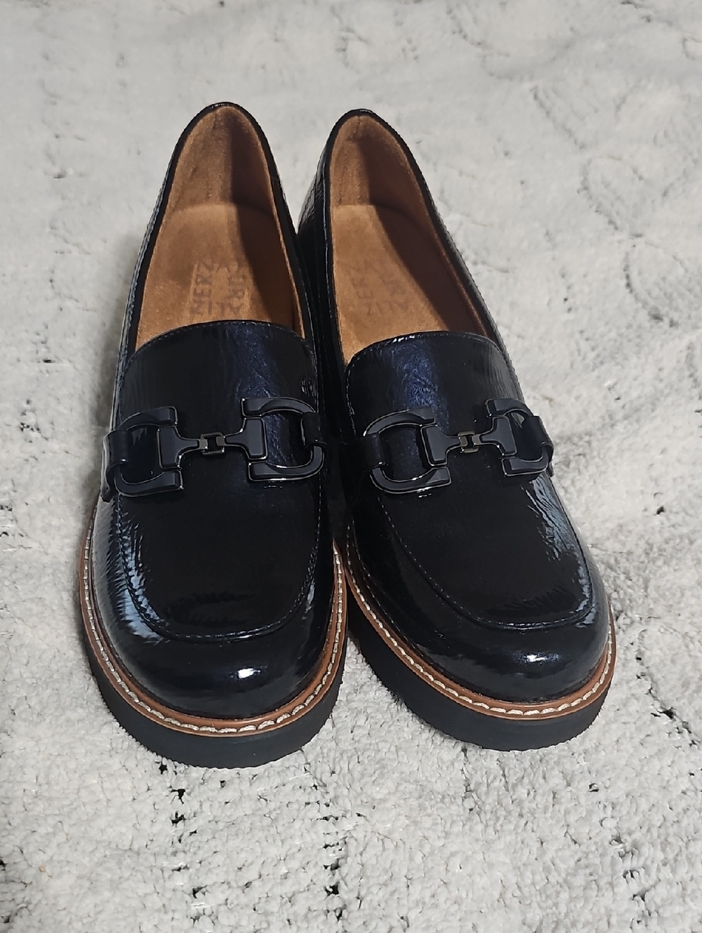 Naturalizer Corrine Navy Patent Loafers with Chain Accent